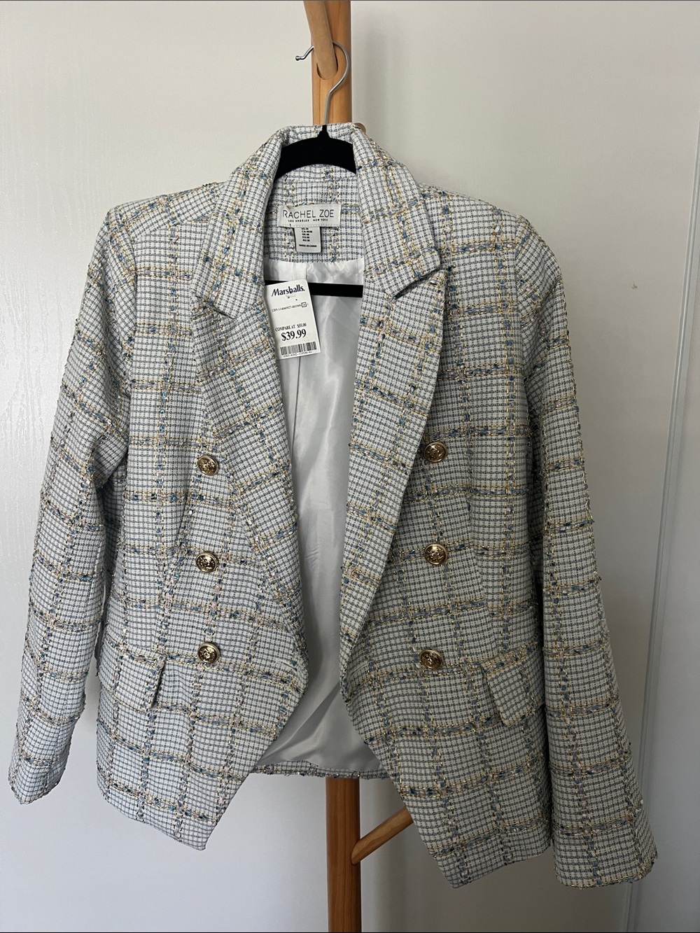 Rachel Zoe Light Blue and Gold-Thread Tweed Double-Breasted Blazer - Picture 4 of 5